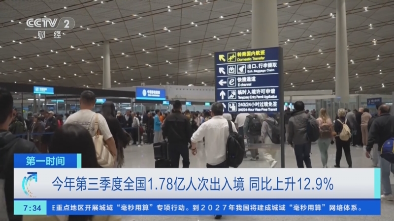 三季度1.78亿人次出入境 免签入境外国人同比增48.3%